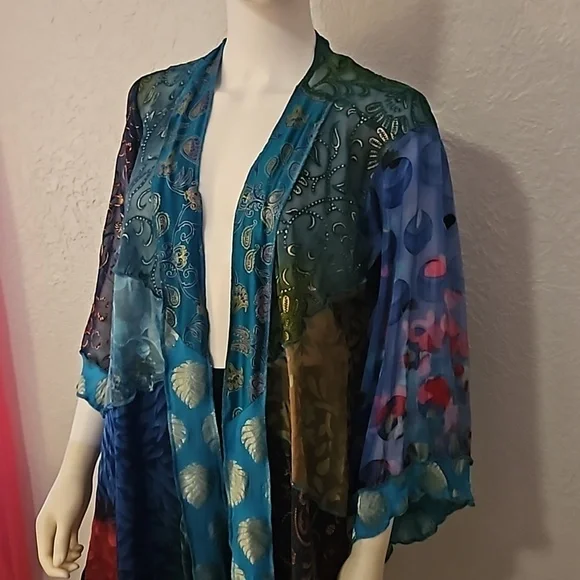 STERLING STYLES 1990s Mixed Print Metallic Patchwork Assymetric Kimono - Picture 6 of 11
